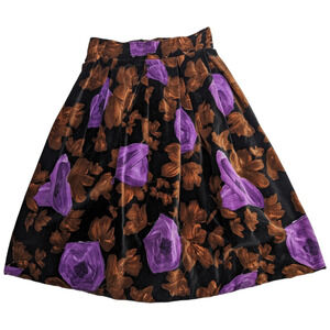 Vtg 1950s Black Velvet Purple Brown Floral A-Line Lined Midi Circle Skirt XS 2